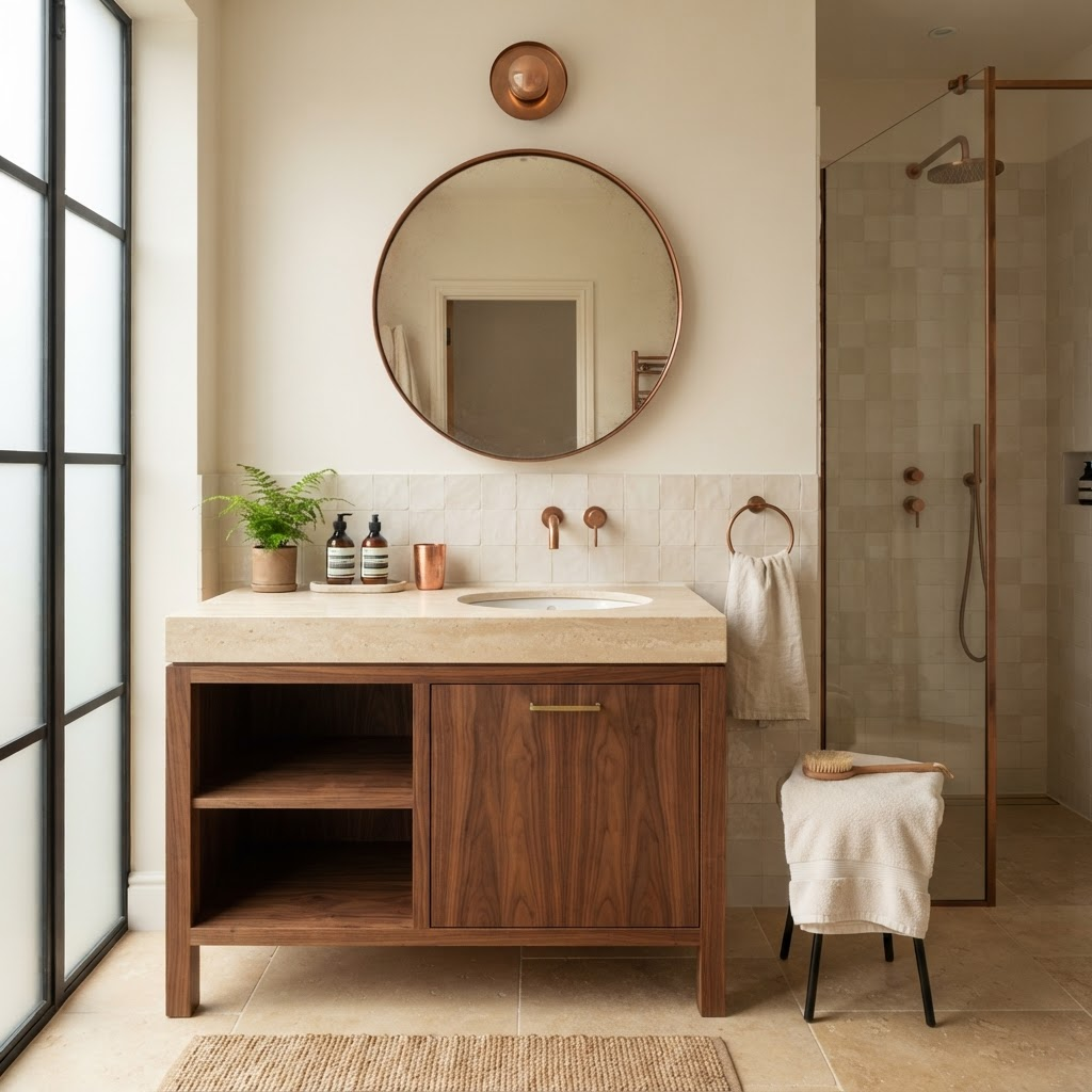 Timber vanity and cabinetry in a renovated Gauteng bathroom
