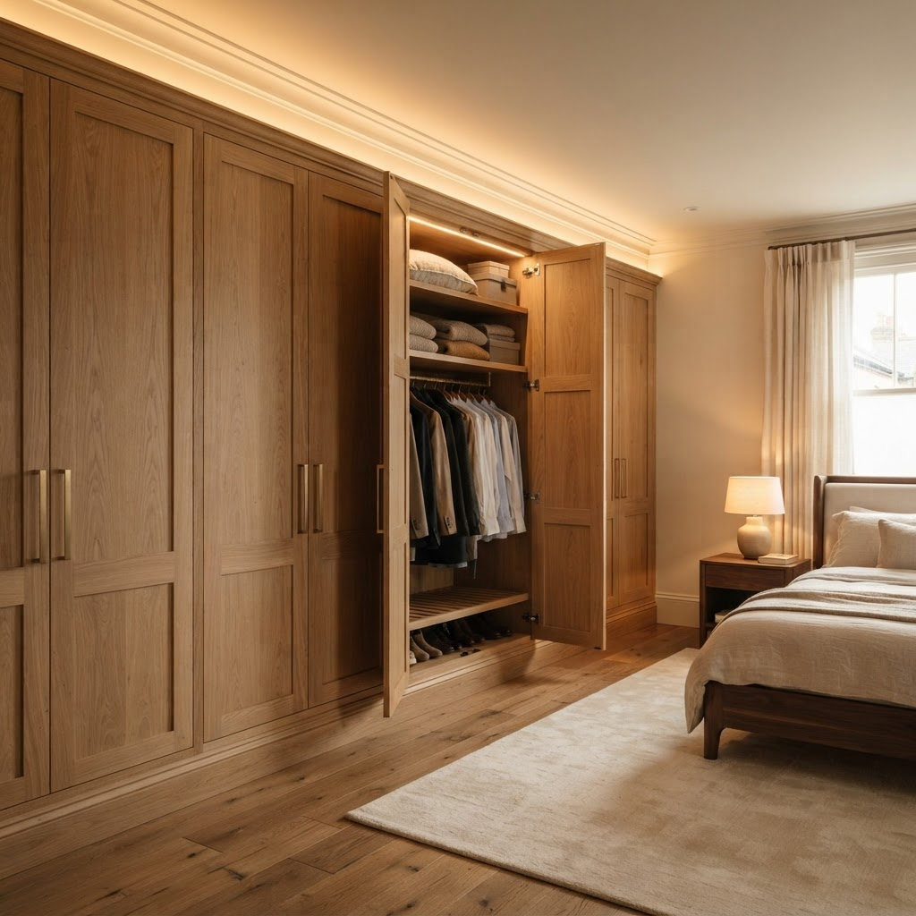 Custom oak built-in cupboards installed in a Sandton bedroom