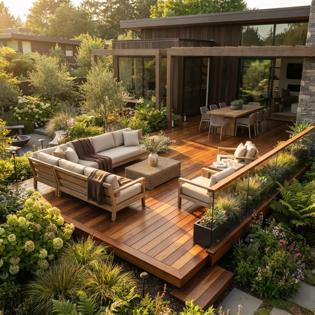 Newly installed timber deck at a Gauteng home with outdoor seating