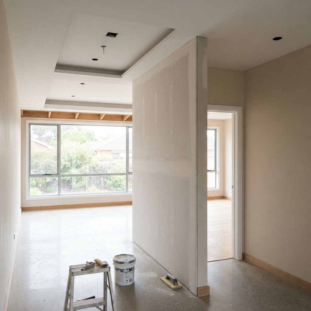 Freshly installed drywall partition and ceiling in a Gauteng interior