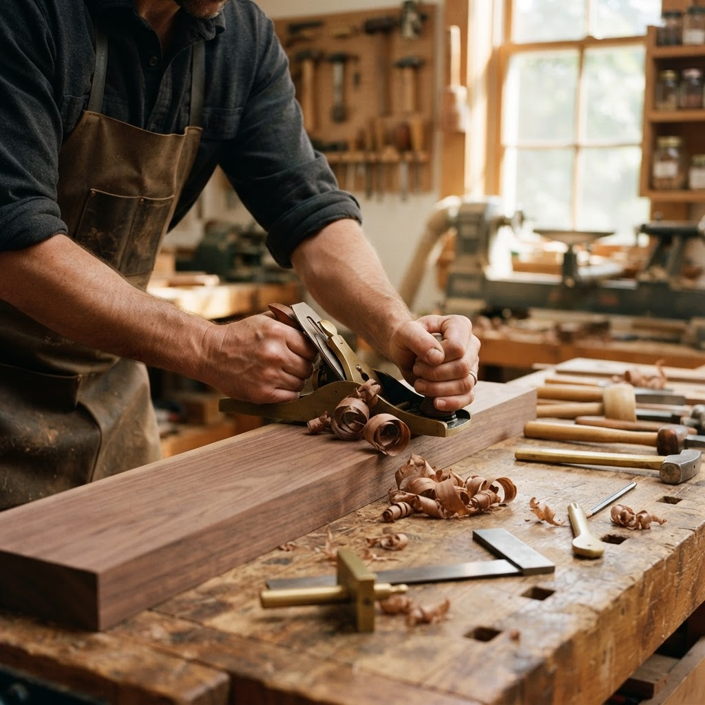 Carpenter hand-planing a walnut plank in The Timber Studio workshop